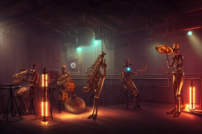 Image similar to 3 steampunk robot jazz musicians playing at a night club, focus on the musicians, cinematic lighting, exaggerated detailed, unreal engine, octane render, trending on artstation, art by greg rutkowski, 4 k