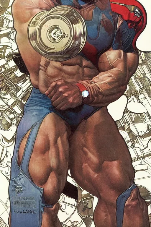 Image similar to arnold schwarzenegger power lifting a truck over his head, by artgerm and moebius and alphonse mucha, hyperdetailed, dc comics, explosions in the sky, trending on deviantart