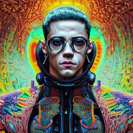 Prompt: portrait of rami malek, hyper detailed masterpiece, neon floral pattern, jean giraud, digital art painting, darkwave goth aesthetic, psychedelic, artgerm, donato giancola and tom bagshaw