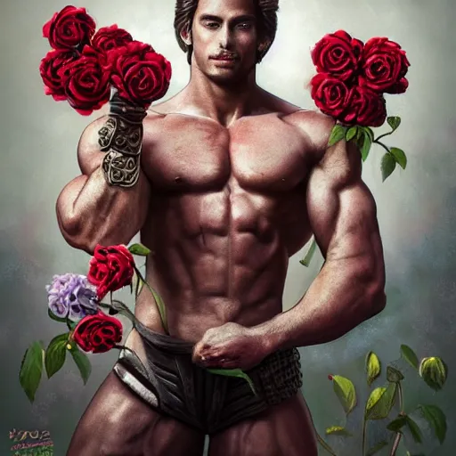 Prompt: handsome portrait of a spartan guy bodybuilder posing, surrounded by roses, intricate details, trending on artstation, sharp focus, caustics, radiant light, translucence, style of vento aureo cover art, style of stone ocean cover art, style of steel ball run cover art, ilya kuvishinov style, illustrated by hirohhiko araki