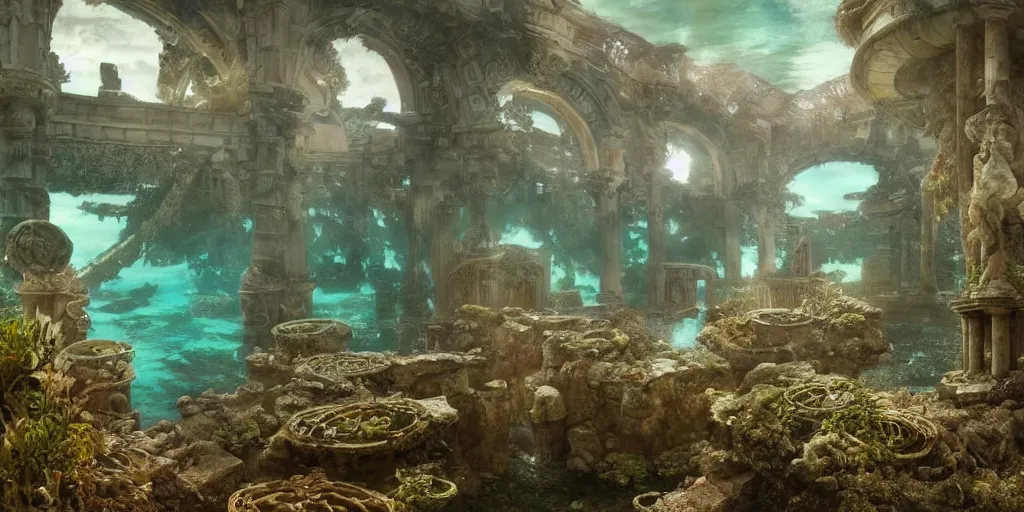 Prompt: hyper realist matte digital painting of an abandoned underwater city, ancient ruins, underwater photography, jugendstill, floating in water, bubbles rising, seaweed, fairytale, fantasy art, photo realistic, dynamic lighting, artstation, volumetric lighting, by mucha, by alma tadema