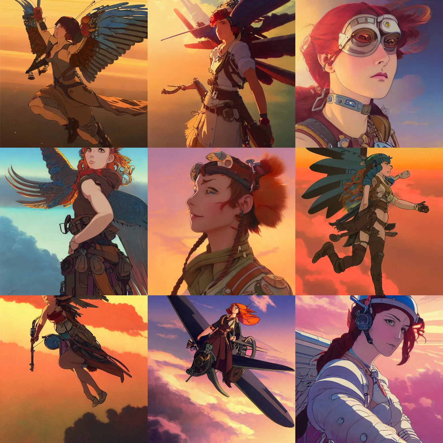Prompt: portrait of a dieselpunk valkyrie taking flight into a vivid sunset, facial focus, colored pencil, highly detailed, studio ghibli key visual, in the style of ilya kuvshinov and krenz cushart and alphonse mucha