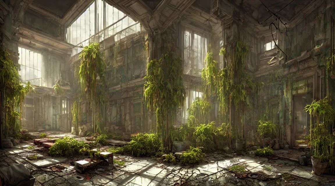 Image similar to post apocalyptic palace interior, interior plants, colorful color scheme, trending on cgsociety, photorealistic, hyperdetailed, hyperrealistic, game cg