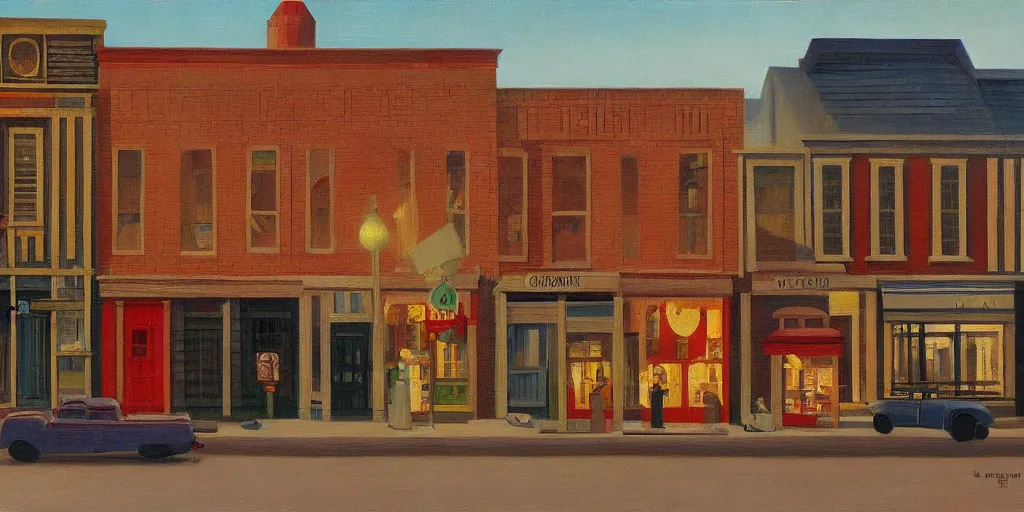 Image similar to quaint little toy town, main street elevation, grant wood, pj crook, edward hopper, oil on canvas