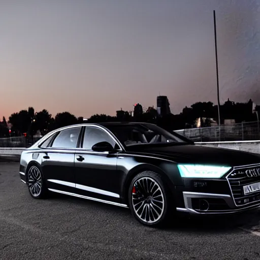 Prompt: black 2020 audi a8 racing at night in bucharest