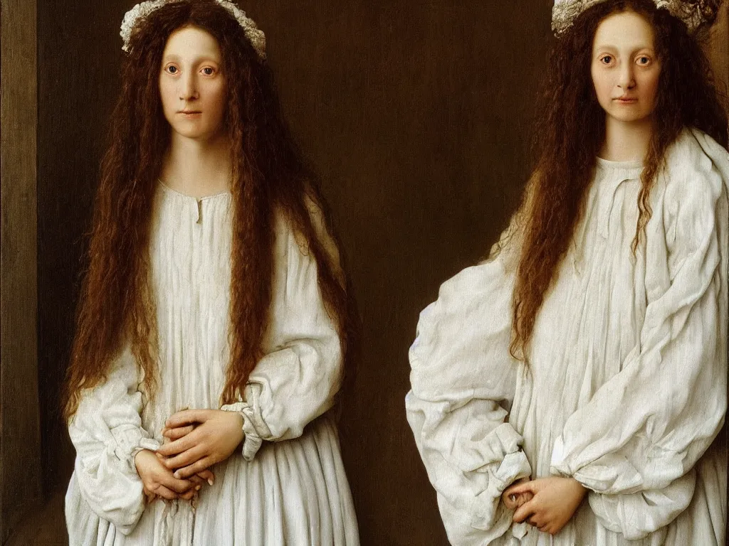 Image similar to portrait of a long haired hippy woman in a white dress. 21 th century clothes. Painting by Jan van Eyck, August Sander.