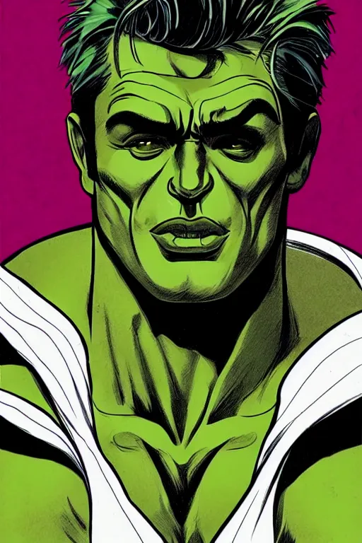 Image similar to james dean as the incredible hulk, handsome monster, sharp cheekbones, deep dimples, strong jaw, dynamic lighting, ultra detailed, fantasy illustration, comic concept art