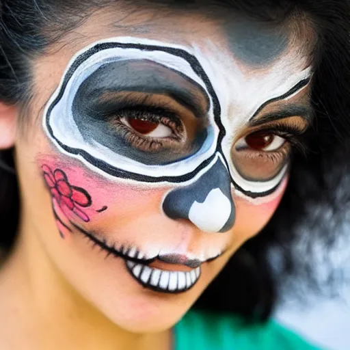 Image similar to an extreme close up photo of a Mexican woman, in her early 20s, wearing dios de Los muertos face paint