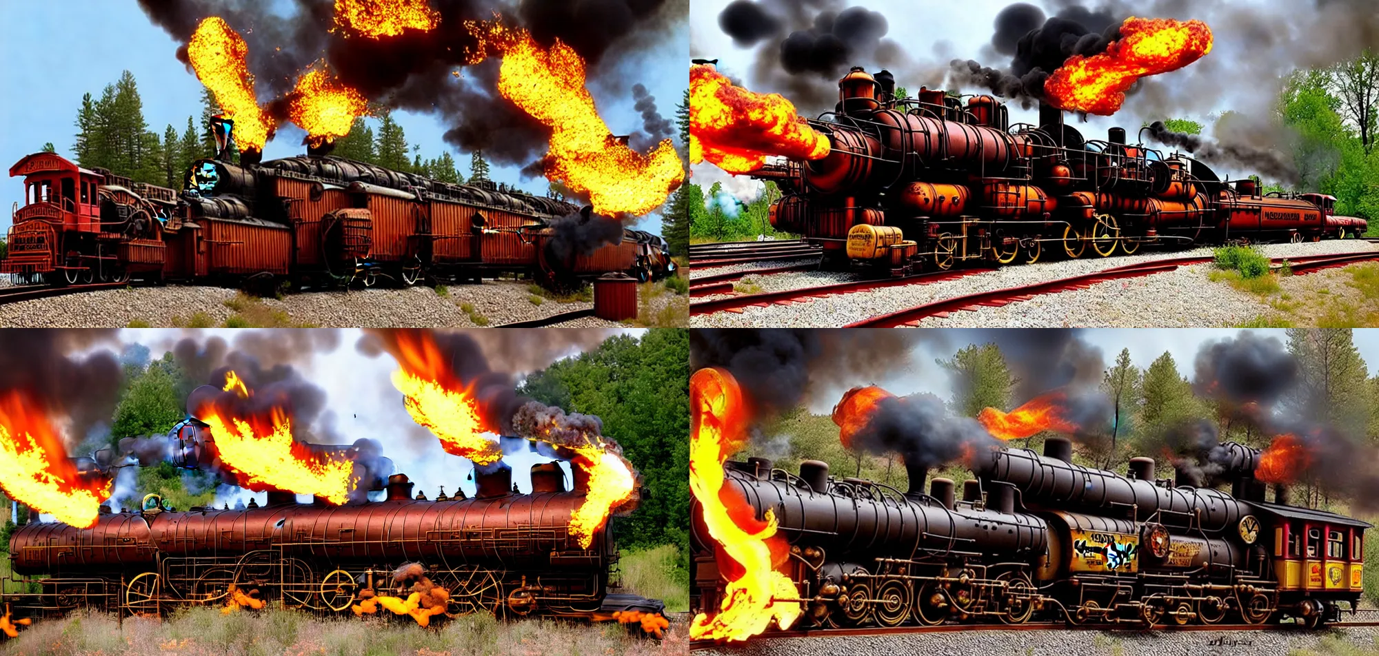 Image similar to flaming train on steampunk railroad in the 1800's