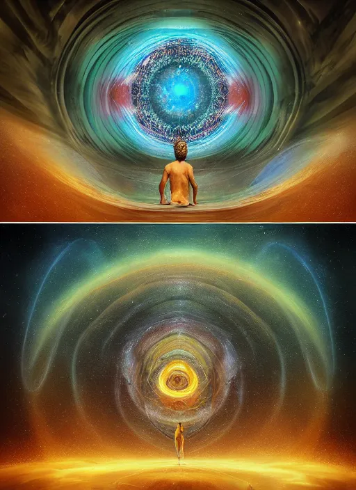 Image similar to the expansion of self realization, portrait, while tipping hallucinogenic dmt, space and time bending into a vortex of subjective reality, event horizon from within, ron walotsky, michal karcz