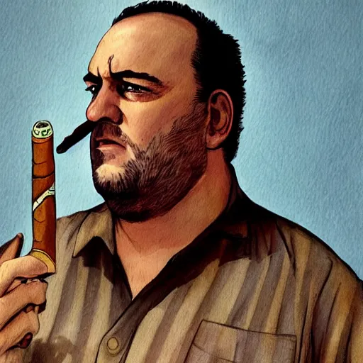 Image similar to chunky artist ethan van sciver as tony soprano, with a cigar, artstation, real photo