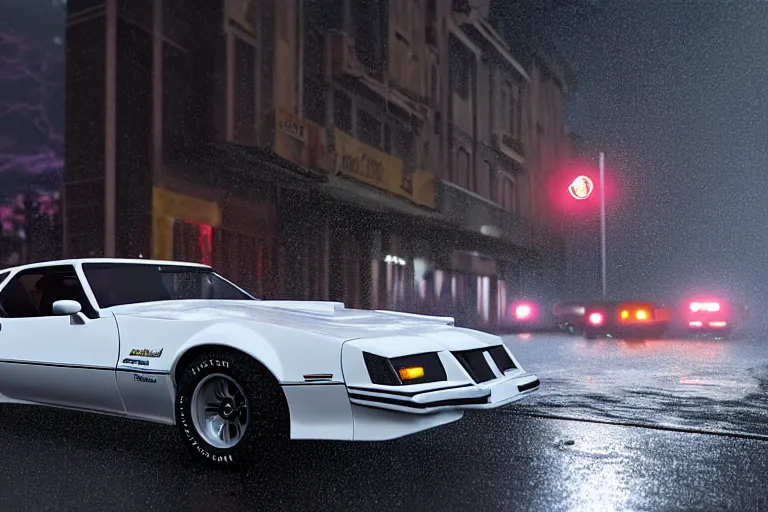 Image similar to hyperdetailed, photorealistic photograph of a 1 9 8 2 pontiac firebird trans - am drifting in the streets, rain, night, dense fog, hd, unreal engine 5 by greg rutowski, by stanley artgerm, by alphonse mucha