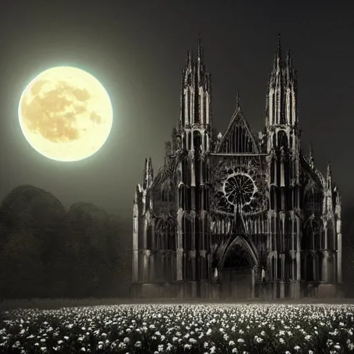 Image similar to A Gothic cathedral in a field of flowers, A huge red moon shines over the earth in the style of gustav doré.highly realistic, hyper detailed,cinematic,4k,digital art,unreal engine 5,epic lighting by greg rutkowski