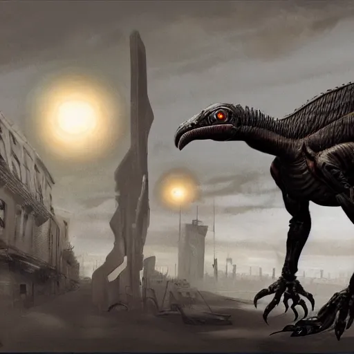 Image similar to a detailed matte painting of a cyborg nazi velociraptor in nazi occupied france, 8 k, artstation, art in a noir crime novel style