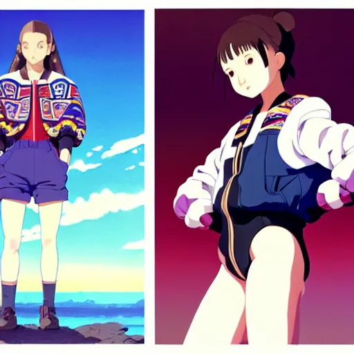 Image similar to a beautiful boyish natalie portman gravure model, wearing oversized mayan bomber jacket and leotard with overalls, bulky poofy bomber jacket with mesoamerican patterns, mesoamerican street fashion, gapmoe yandere grimdark, trending on pixiv fanbox, painted by greg rutkowski makoto shinkai takashi takeuchi studio ghibli, akihiko yoshida