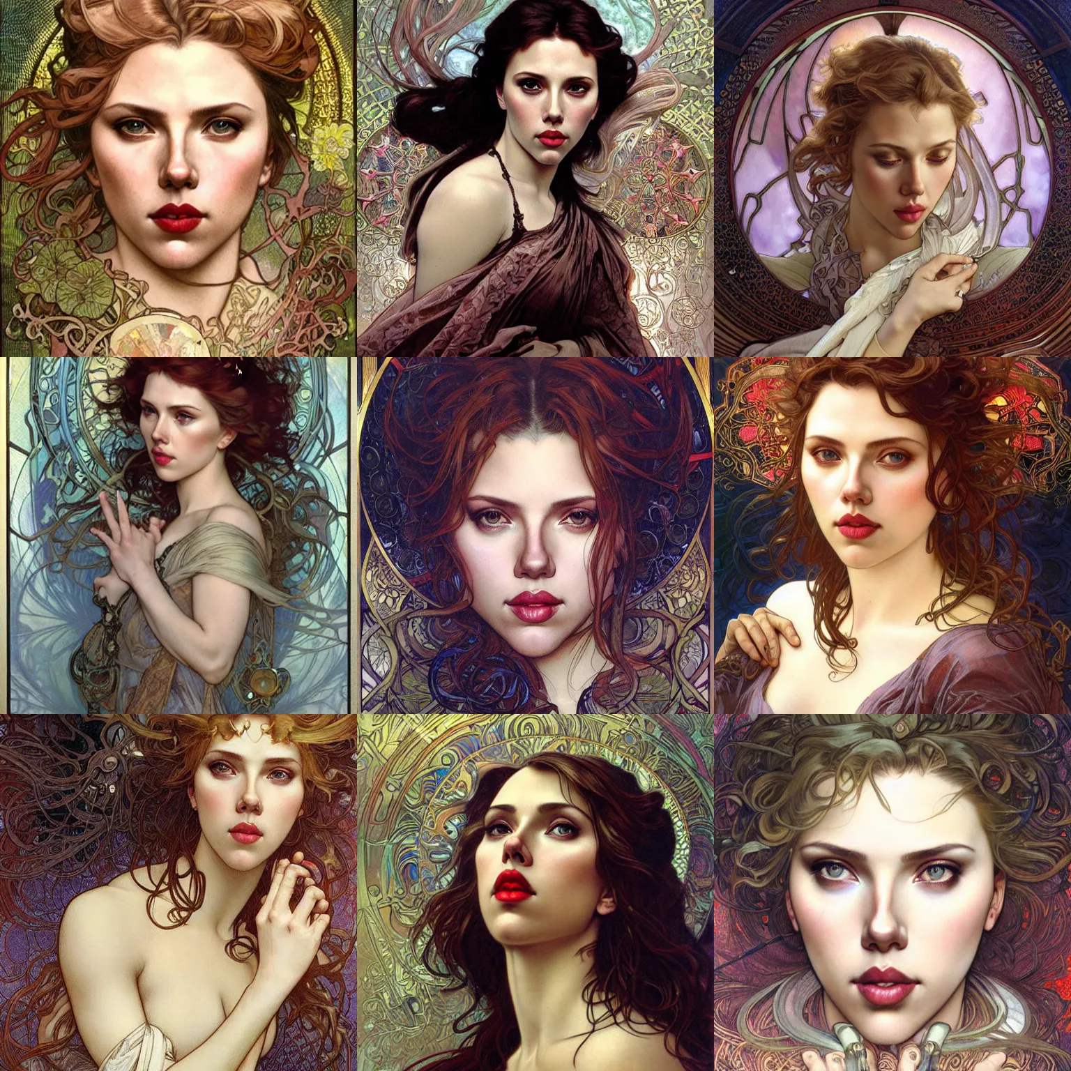 Prompt: realistic detailed face portrait of scarlett johansson by Alphonse Mucha, Ayami Kojima, Amano, Charlie Bowater, Karol Bak, Greg Hildebrandt, Jean Delville, and Mark Brooks, Art Nouveau, Neo-Gothic, gothic, rich deep moody colors