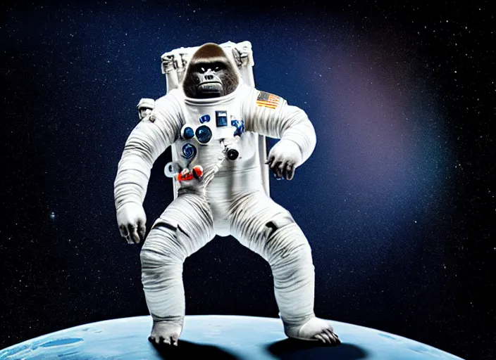 Image similar to studio photo still of a full body gorilla in a space suit, 8 k, studio lighting, key light from right side,