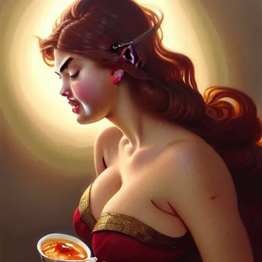Image similar to Kate Upton eating big macs, dripping BBQ Sauce, serving happy meals, D&D, spilling ketchup, fantasy, intricate, elegant, highly detailed, digital painting, artstation, concept art, matte, sharp focus, illustration, hearthstone, art by Artgerm and Greg Rutkowski and Alphonse Mucha