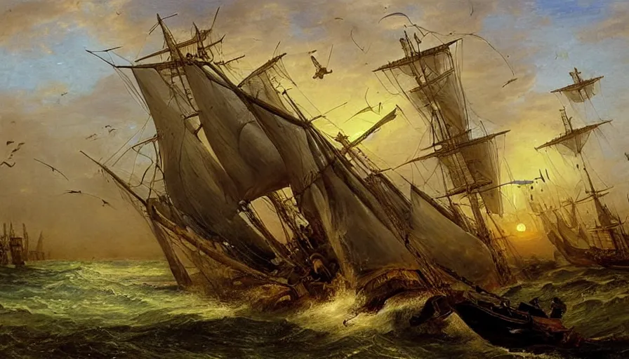 Image similar to a large flying pirate airship, 1 8 th century, painting by edward moran, beautiful, highly detailed