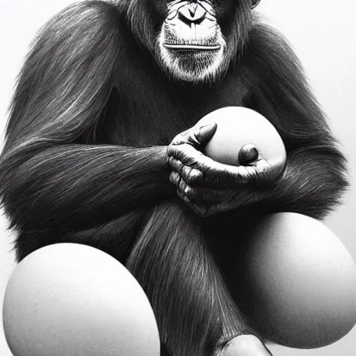 Prompt: a realistic pencil drawing of a chimpanzee sitting on a large egg.