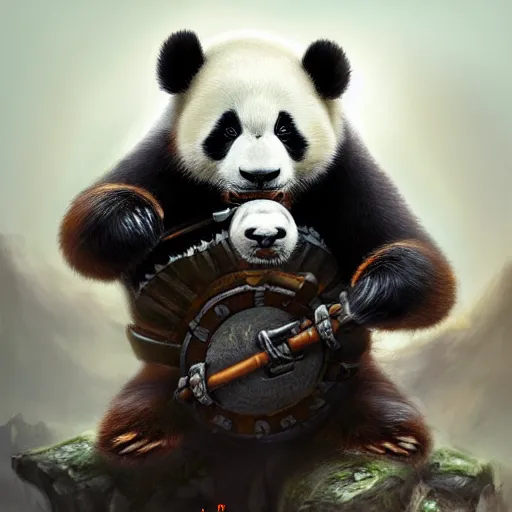 Image similar to warrior panda in armor by wenjun lin, eerie, intricate, highly detailed, sorrow, dramatic, emotional, proud, matte painting, award - winning art, cute, happy, cold lighting, refractions, volumetric lighting, trending on artstation, digital art, 8 k