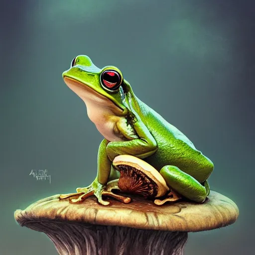 Image similar to a frog sitting on a mushroom, intricate, highly detailed, digital painting, artstation, concept art, smooth, sharp focus, illustration, unreal engine 5, 8 k, art by artgerm and greg rutkowski and alphonse mucha