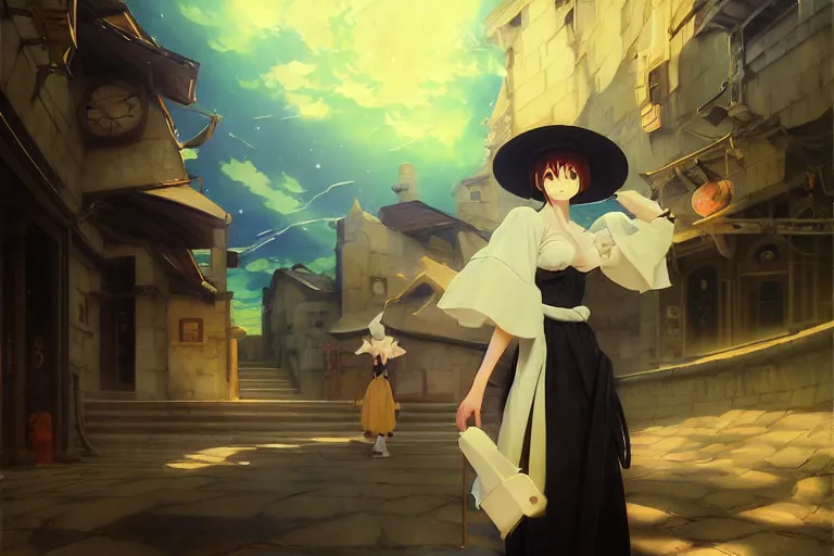 Image similar to baroque oil painting of anime key visual environment concept art of anime girl magician with big hat casting magic, brutalist, dark fantasy, rule of thirds, fake hidden detail, trending on pixiv fanbox, acrylic palette knife and brush, style of makoto shinkai studio ghibli genshin impact jamie wyeth james gilleard greg rutkowski