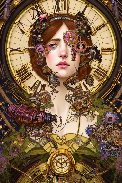 Prompt: beautiful portrait of a steampunk girl wearing a detailed armour of multicolored jewels with gold bugs and beetles , huge mechanical clocks, gold plated vegetation, intricate details, realistic shaded , steampunk, cyberpunk, highly detailed, artstation, illustration by alphonse mucha and Greg Rutkowski, art nouveau