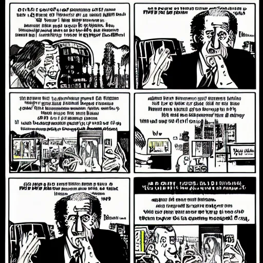 Prompt: Comic strip from Joe Biden Stock Market Man, by Alan Moore and Robert Crumb, artstartion