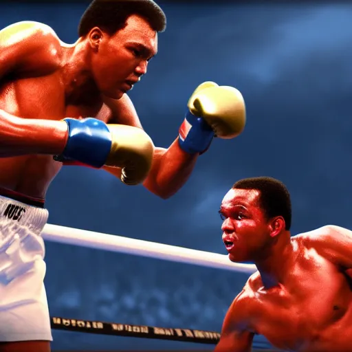 Image similar to mohammed ali fighting joe frasier in heaven 8 k super realistic detail digital painting, unreal engine, 3 d render