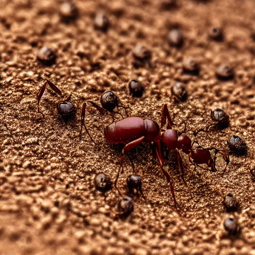 Prompt: Photograph Macro shot of ants in sand, 50x Zoom, DSLR, HDR, artstation,