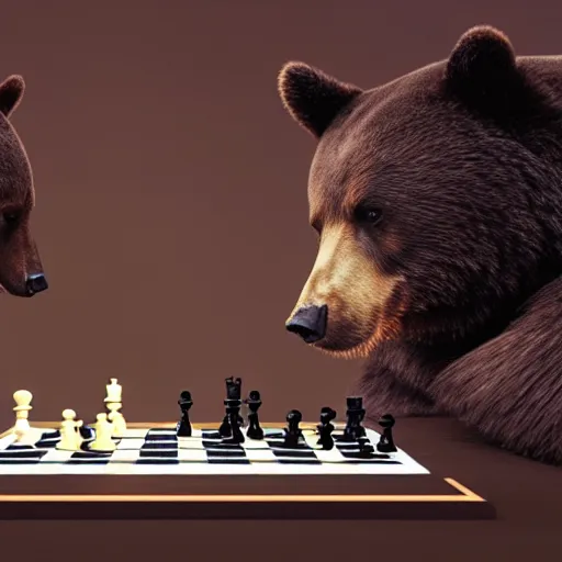 Prompt: beautiful matte painting of a bear playing chess vs. a peacock in the style of mc escher, hyper realistic, volumetric lighting, octane render, artstation, 8 k