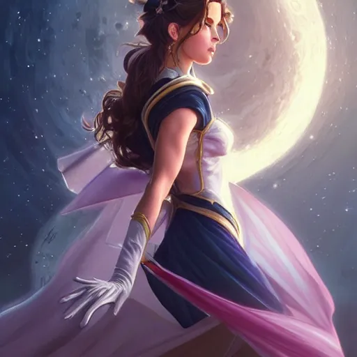 Image similar to Kate Beckinsale as Sailor Moon, western, D&D, fantasy, intricate, elegant, highly detailed, digital painting, artstation, concept art, matte, sharp focus, illustration, art by Artgerm and Greg Rutkowski and Alphonse Mucha