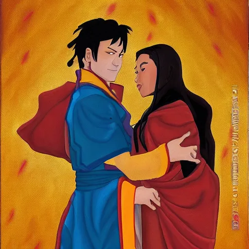 Prompt: oil painting of the wedding of fire lord zuko and katara in the fire nation, studio mir, oil painting