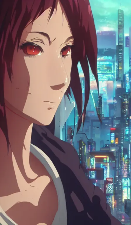 Image similar to anime fine details portrait of Revy in front of cyberpunk moder city landscape on the background deep bokeh, close-up view, anime masterpiece by Makoto Shinkai, 8k, sharp high quality anime, artstation