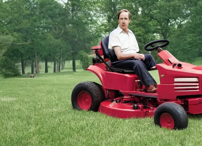 Image similar to steve buscemi driving a cadet cub lawn mower, movie still, from the new forest gump movie, 8 k, realistic