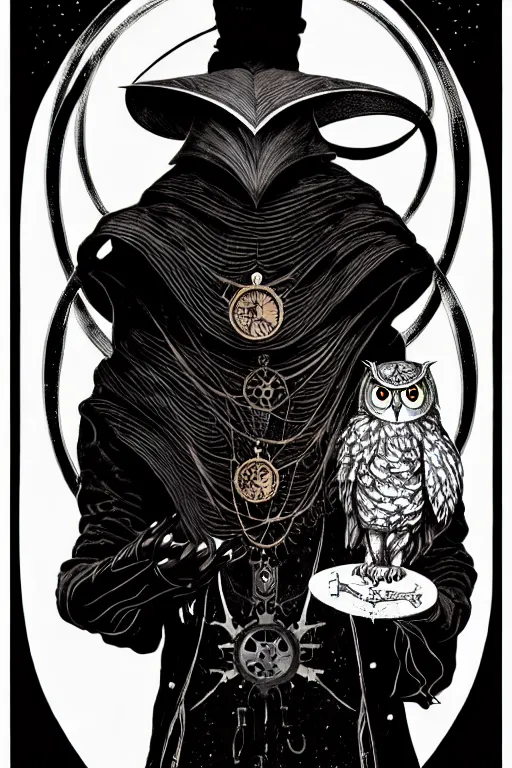 Prompt: side view of majestic steampunk alchemists cloaked wizard holding his pet owl, high details, bold line art, by vincent di fate and joe fenton, inking, etching, screen print, masterpiece, trending on artstation, sharp, high contrast, hyper - detailed,, hd, 4 k, 8 k