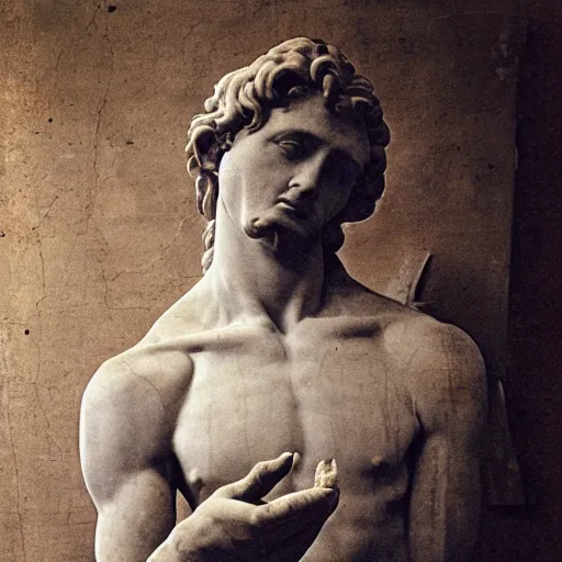 Image similar to “1800s era photograph of Michelangelo sculpting David, hyperrealistic, hd, faded, cracked, stained”