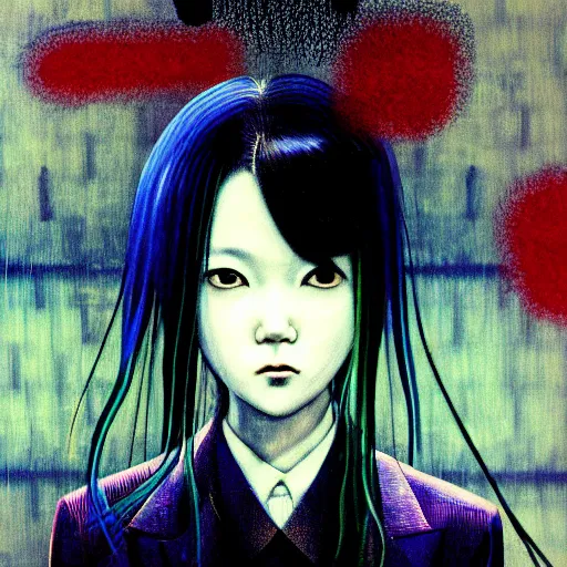 Prompt: yoshitaka amano blurred and dreamy three quarter angle portrait of a girl with white hair and black eyes wearing dress suit with tie, playstation 2 horror game, junji ito abstract patterns in the background, satoshi kon anime, chungking express color palette, noisy film grain effect, highly detailed, renaissance oil painting, weird portrait angle, blurred lost edges