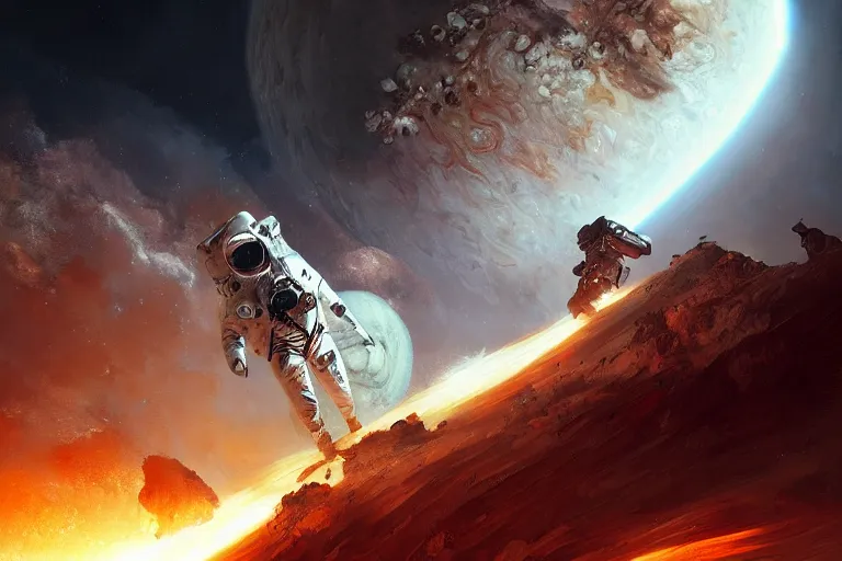 Image similar to 2 1 0 0 astronaut burning up while dropping through the majestic clouds of jupiter, by cedric peyravernay, highly detailed, excellent composition, cinematic concept art, dramatic lighting, trending on artstation