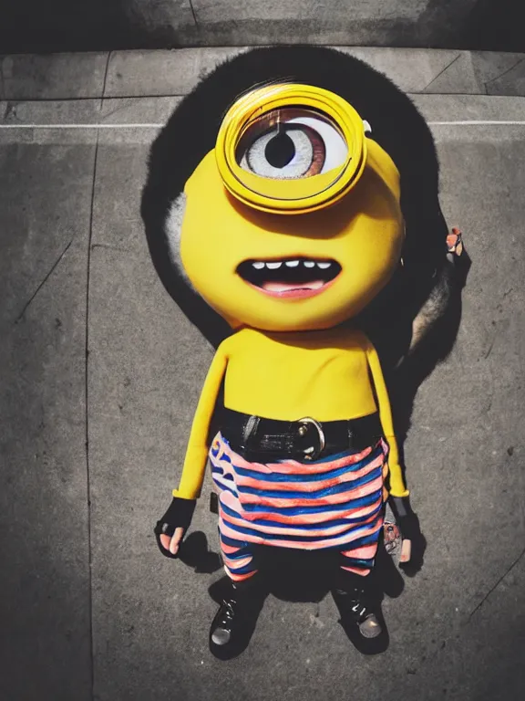 Prompt: minon from despicable me in fashionable streetwear, urban photoshoot, fisheye lens, photograph