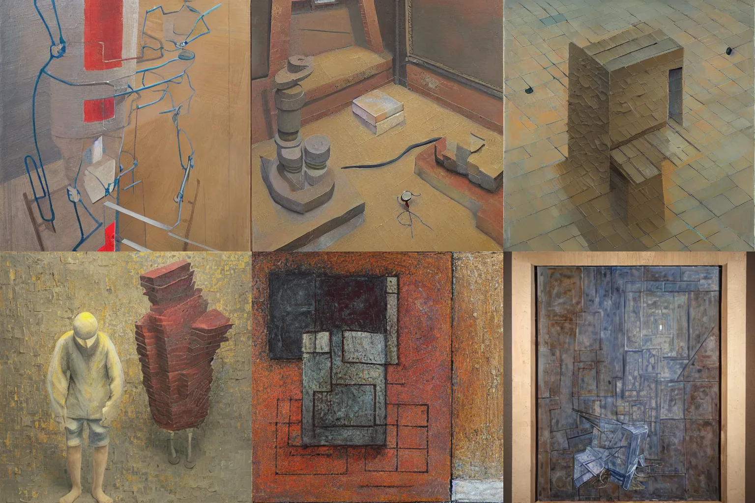 Prompt: a detailed, impasto painting by shaun tan and louise bourgeois of an abstract forgotten sculpture by ivan seal and the caretaker, floor wall