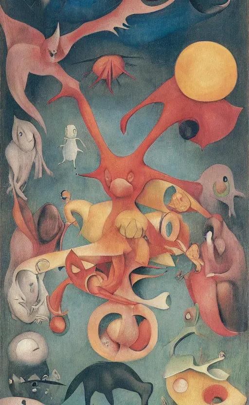 Image similar to an entirely new non-existing Pokemon, tarot card, beautiful frames, Leonora Carrington moebius Hieronymus Bosch Max Ernst dali Zdzisaw Beksiñski Roland Topor Henryk Plociennik