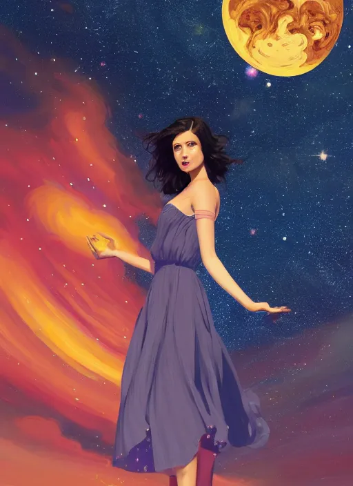 Prompt: full - length portrait of a young woman with dark hair, wearing a flowing sundress, standing in front of a colorful starry galaxy, detailed face, fantasy, cinematic lighting, digital art painting, fine details by realistic shaded lighting poster by ilya kuvshinov katsuhiro otomo, magali villeneuve, artgerm, jeremy lipkin and michael garmash and rob rey