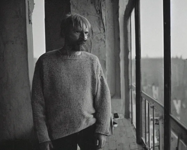 Prompt: lomographic tarkovsky film still of 4 0 years russian man with beard and sweater standing on small hrushevka 9 th floor balcony in taiga looking at sunset, perfect faces, cinestill, bokeh