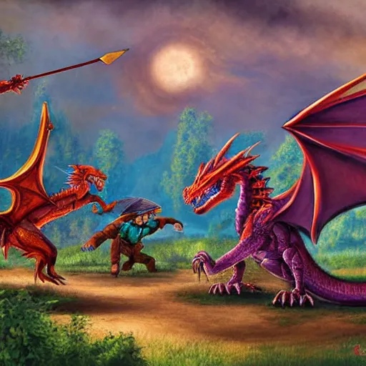 Prompt: a group on adventures fighting a mighty dragon, by Daniel R. Horne