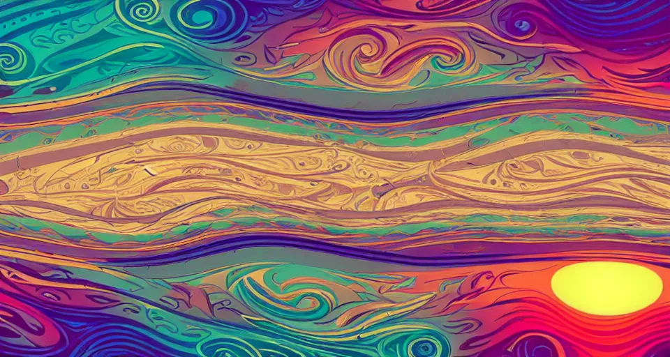 Prompt: [ palate ] [ muted colors ] psychedelic ocean waves, cruise ship 🛳 in rough seas, paisley swirls and ripples, backlit, sunrise, refracted lighting, outdoors, paisley clouds in the sky, elegant, 8 k resolution, intricate and fine details, award wining composition, digital painting, artstation, mario martinez, alphonse mucha