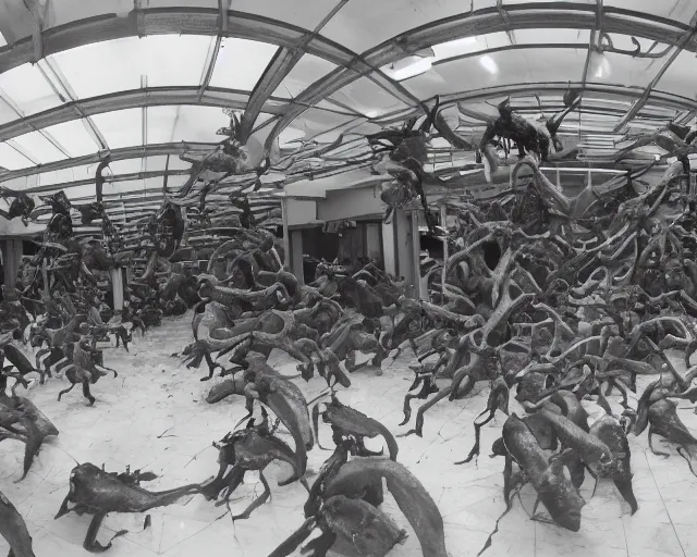 Prompt: camera footage of a Hundreds of Rabid Zerglings in an abandoned shopping mall, high exposure, dark, monochrome, camera, grainy, CCTV, security camera footage, timestamp, zoomed in, fish-eye lens, Evil, Zerg, Brood Spreading, horrifying, lunging at camera :4