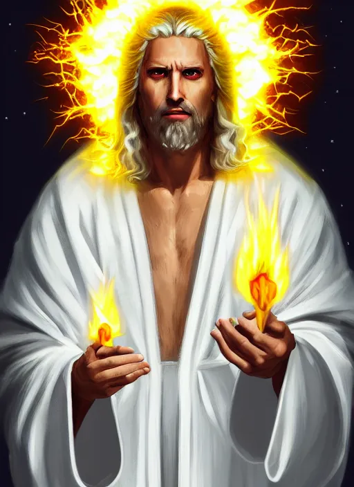 Image similar to « portrait of the white - haired jesus in a white robe and flaming yellow eyes, holding seven stars in right hand, grim - lighting, high - contrast, intricate, elegant, highly detailed, digital painting, artstation, concept art, smooth, sharp focus, illustration »