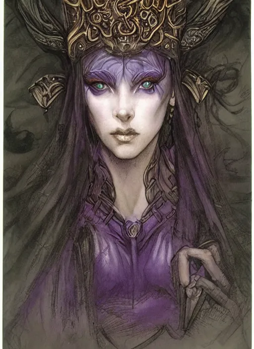 Image similar to portrait of young female sorceress of the endtimes, beautiful! coherent! dungeons and dragons character, by brian froud, strong line, cool night color, high contrast